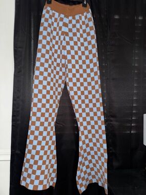 Kids Checkerboard Knit Leggings in Light Blue and Brown